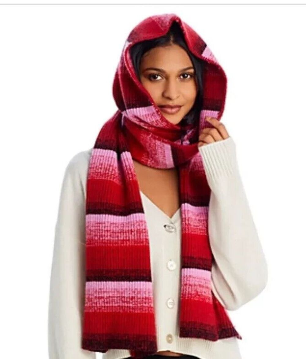 AQUA Scarf Womens Red Stripe Ombre Hooded Wrap Around Heavy Chunky Knit $109